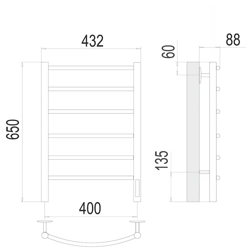 Полотенцесушитель электрический Terminus Классик П6 400x650, хром - схема