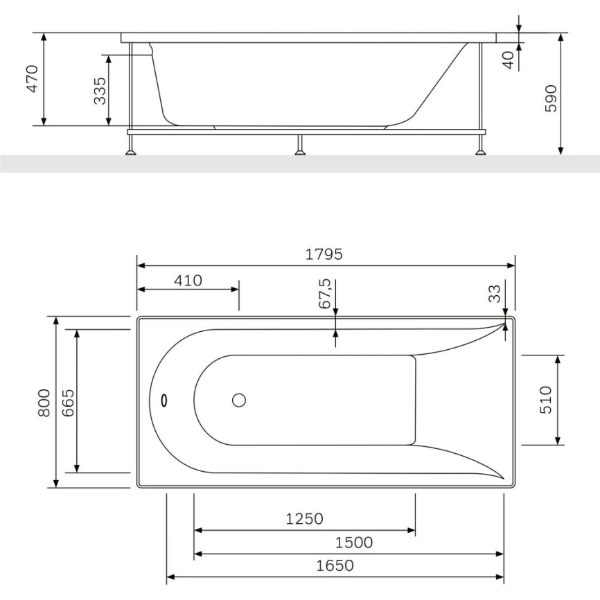 Ванна акриловая AM.PM Spirit 180х80 W72A-180-080W-A2 с каркасом, белая - схема