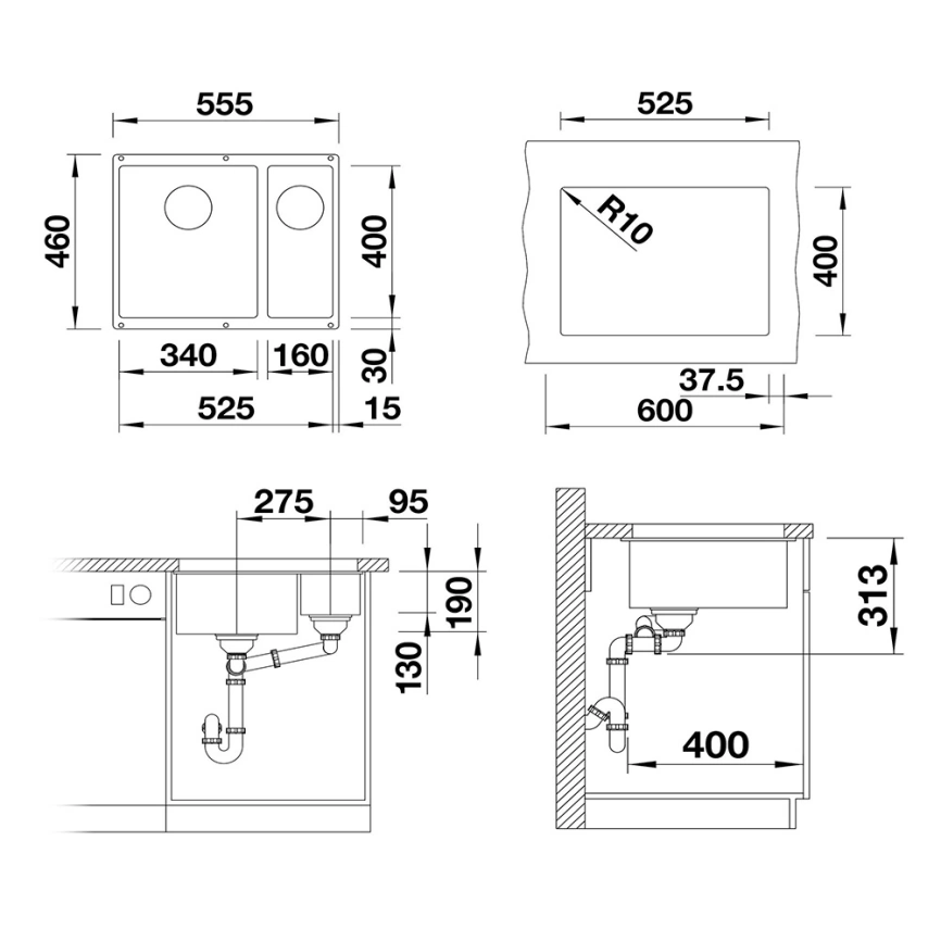 Мойка кухонная Blanco Subline 340/160-U LH 523556 серый беж - схема