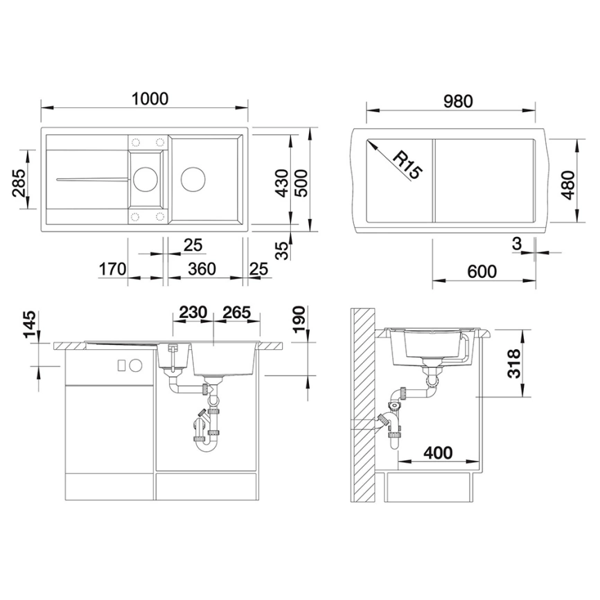 Мойка кухонная Blanco Metra 6 S 525926 черная - схема