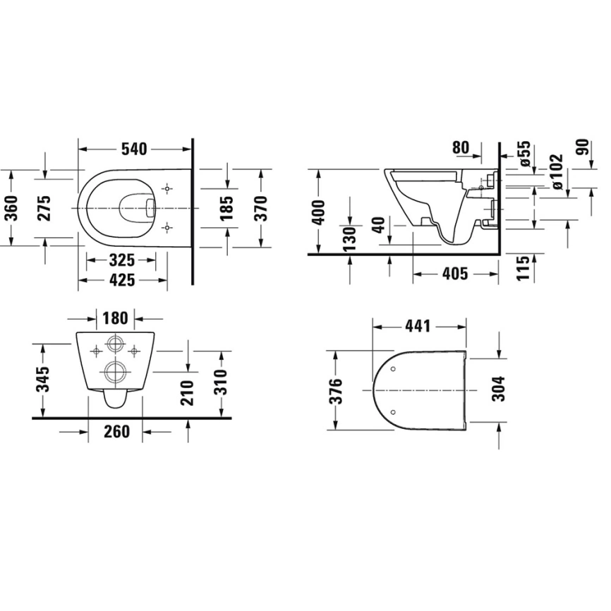Унитаз подвесной Duravit D-Neo 45770900A1 безободковый с сиденьем - схема