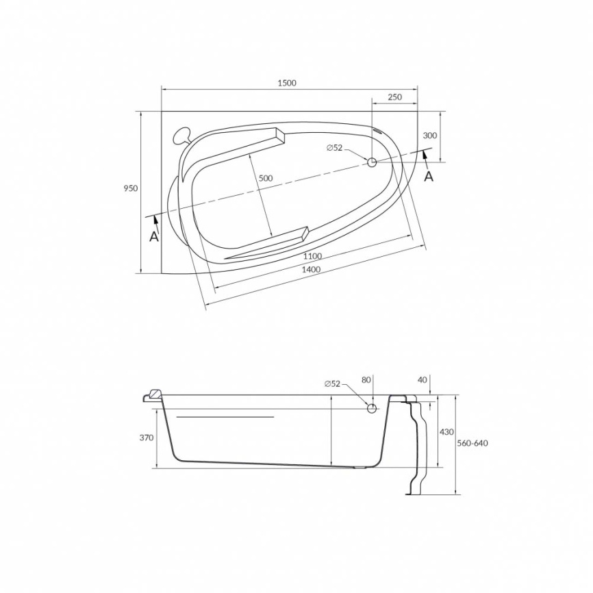 Ванна акриловая асимметричная Cersanit Joanna 150x95 с каркасом и панелью, левая -  схема