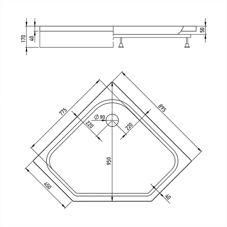 Душевой поддон акриловый 90x90 Erlit ER9017V-1 белый - схема