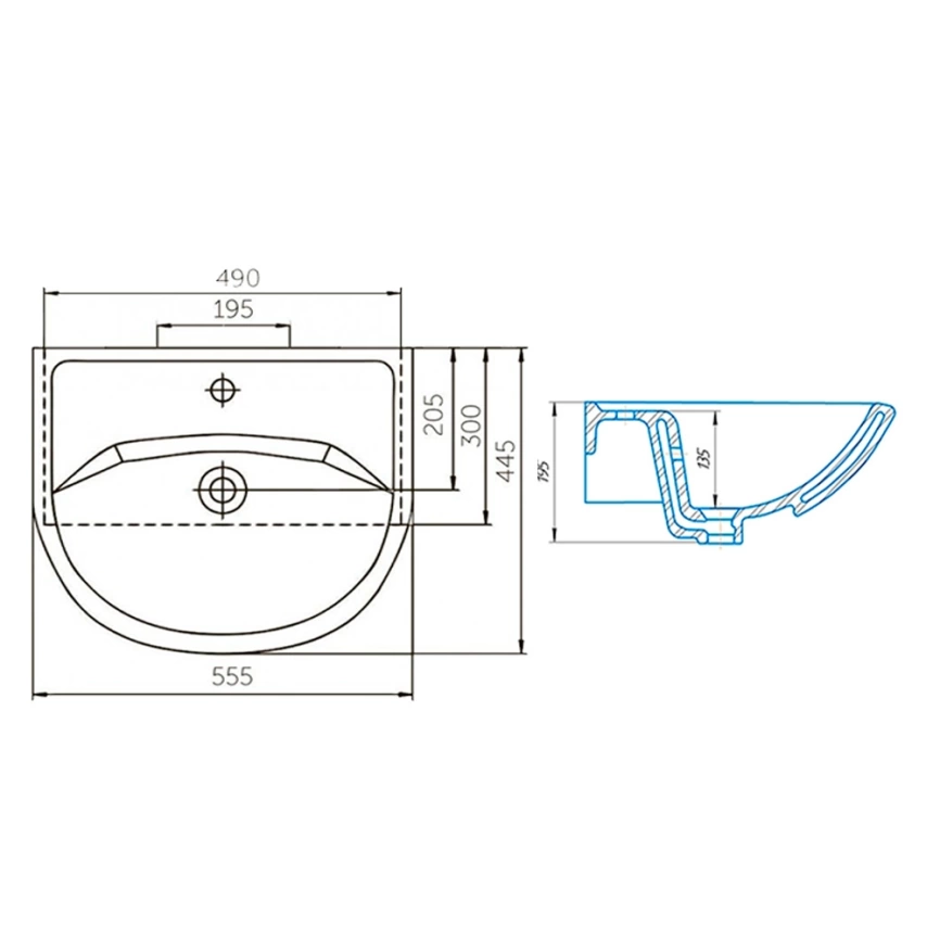 Тумба с раковиной напольная Cetus Грейп 55 белая - схема раковины