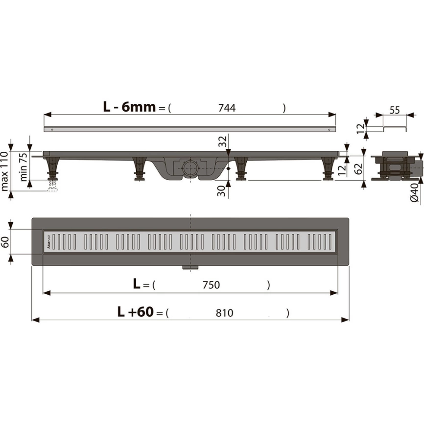 Душевой лоток AlcaPlast APZ10-750M с решеткой и опорами, хром - схема