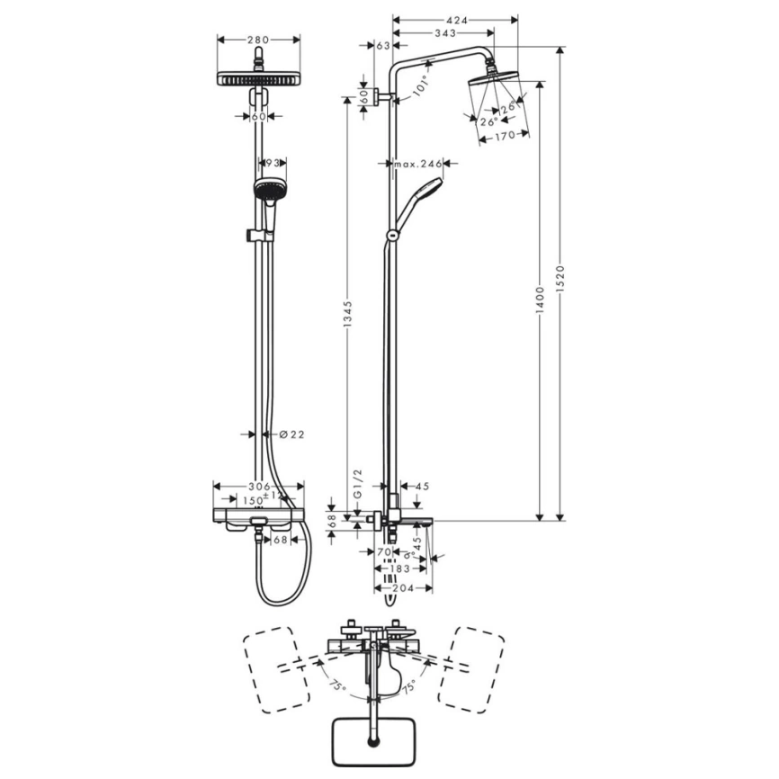 Душевая стойка Hansgrohe Croma E Showerpipe 27687000 с термостатом - схема 1