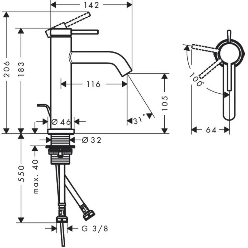 Смеситель для раковины Hansgrohe Tecturis S 73314670, черный - схема