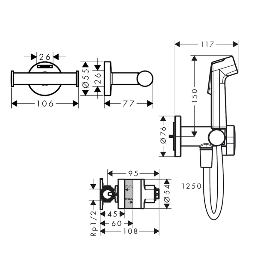 Смеситель с гигиеническим душем Hansgrohe Bidette E 29232000 хром со скрытой частью и крючком - схема