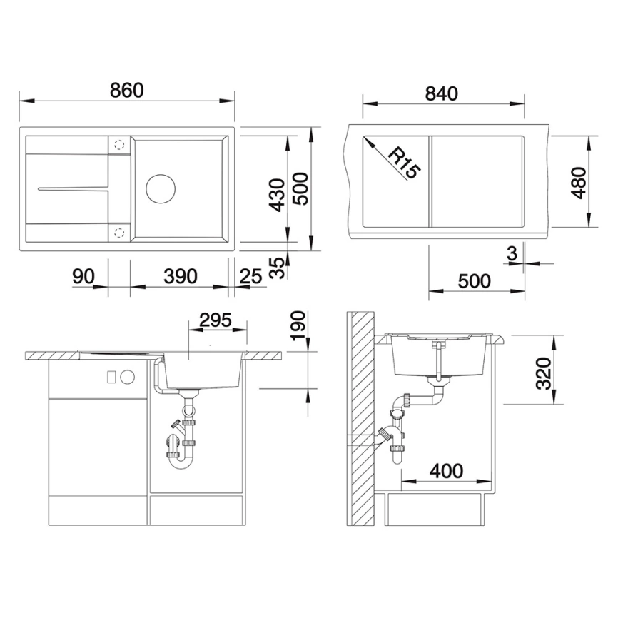 Мойка кухонная Blanco Metra 5 S 525918 черная - схема