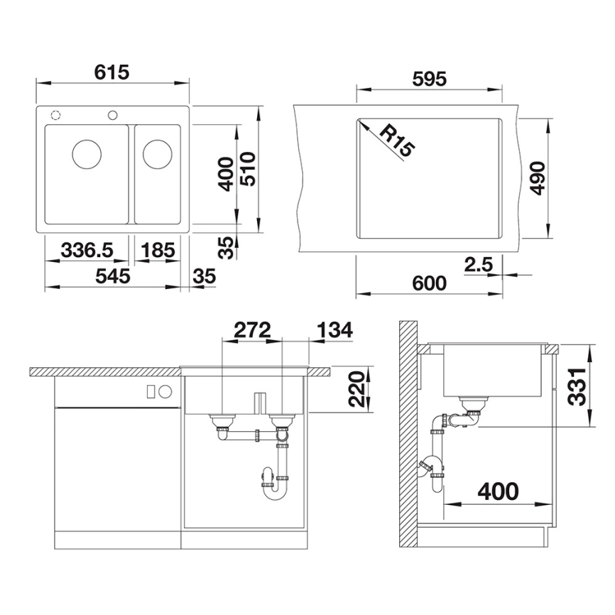 Мойка кухонная Blanco Pleon 6 Split 525955 черная - схема