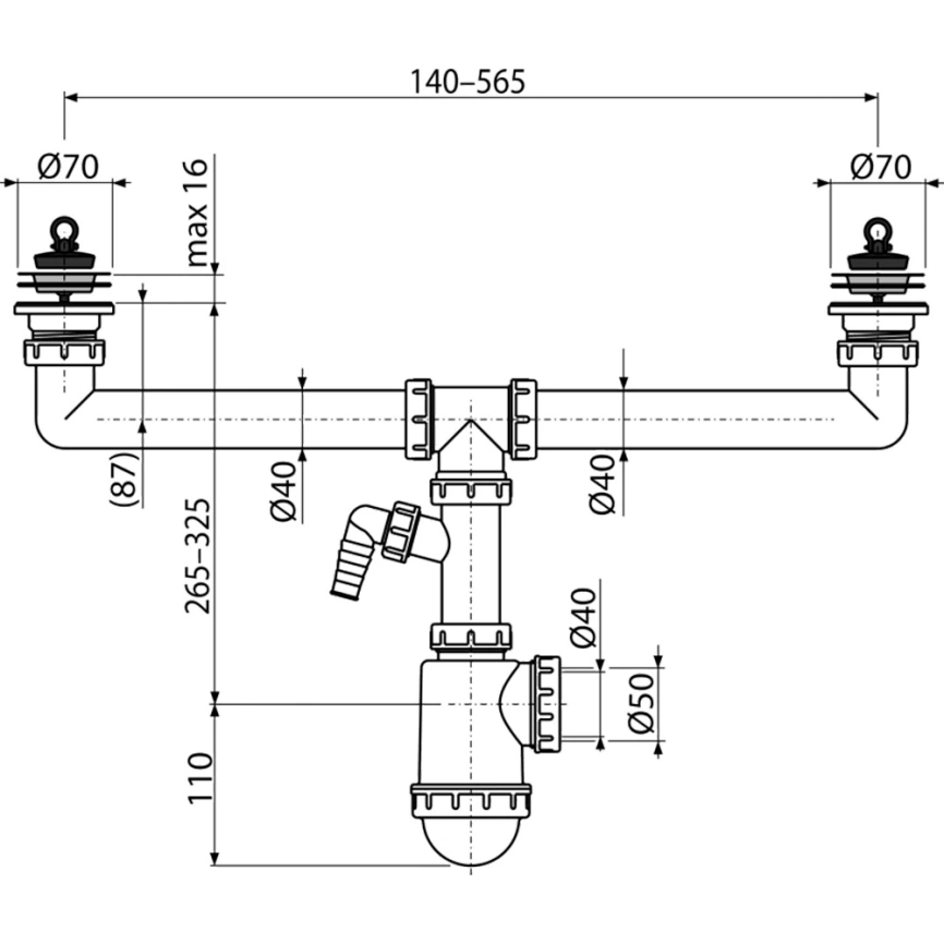 Сифон для кухонной мойки Alcaplast A449P-DN50/40 двойной с отводом - схема