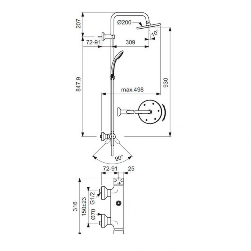 Душевая стойка Ideal Standard IdealRain Eco B1098AA, хром - схема