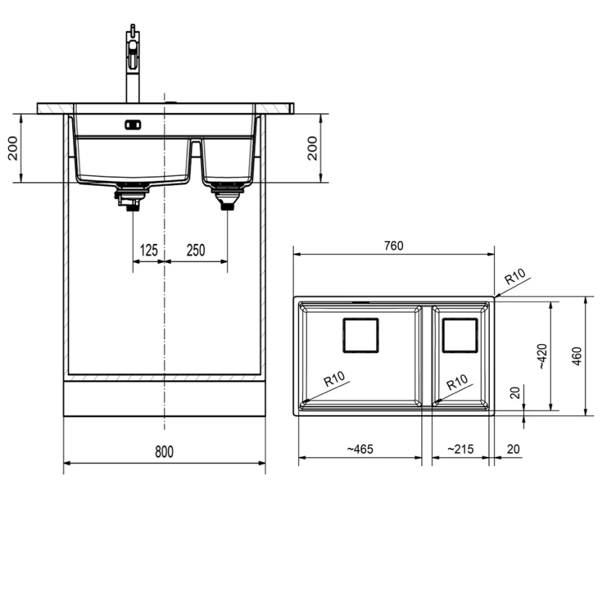 Мойка кухонная Franke Kubus 2 KNG 160, 125.0630.926 черная - схема