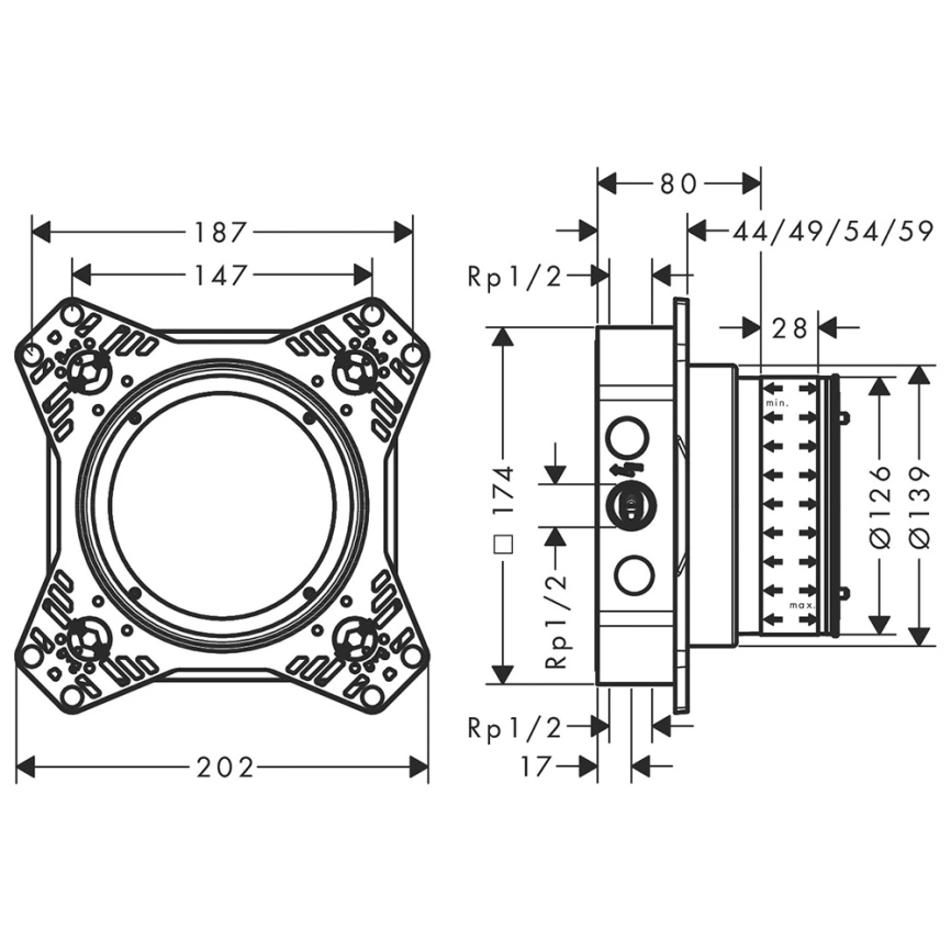 Монтажная коробка Hansgrohe Ibox Universal 01500180 - схема