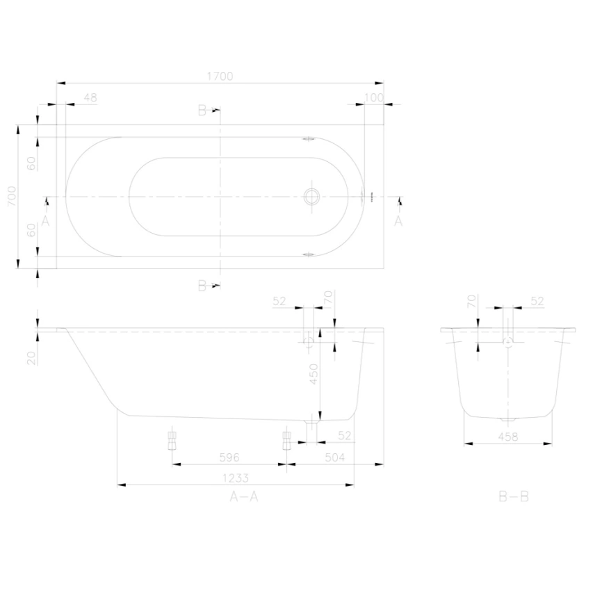 Ванна квариловая Villeroy & Boch Oberon 170x70 UBQ177OBE2V-01 с ножками, белая - схема