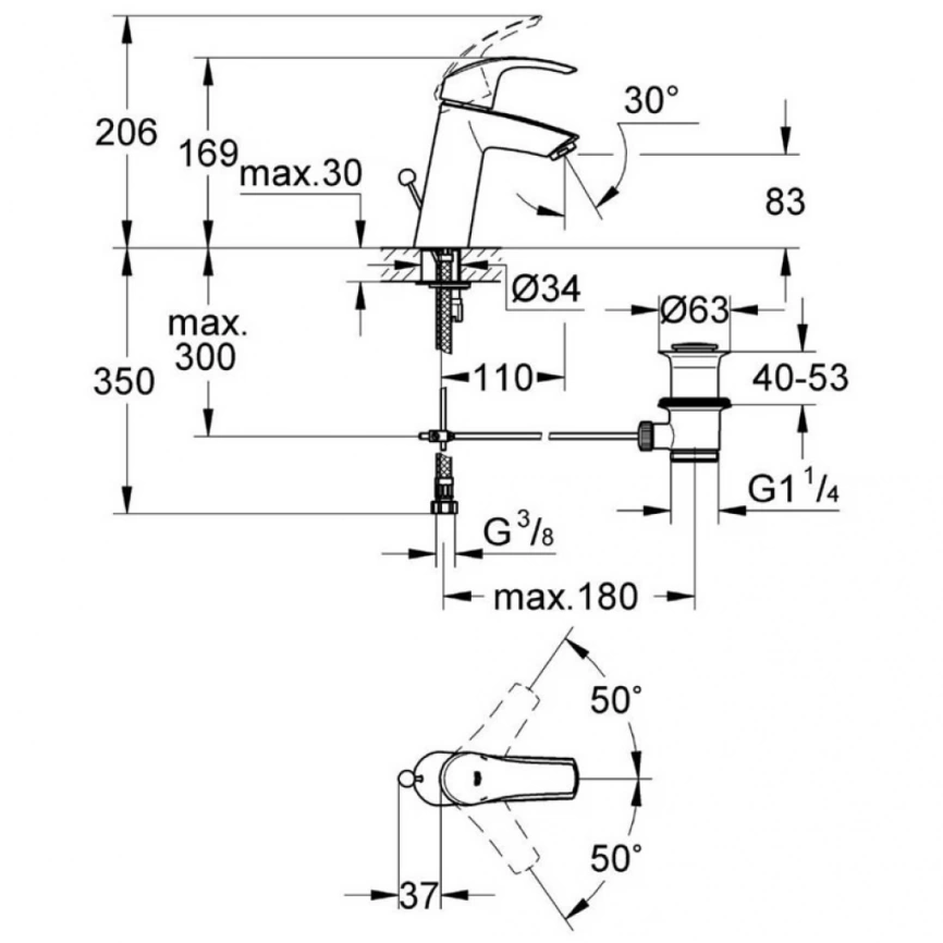 Смеситель для раковины Grohe Eurosmart 23322001, хром - схема