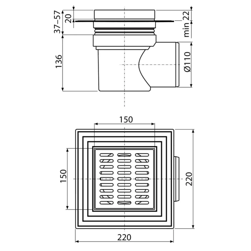 Трап для душа AlcaPlast APV10 регулируемый горизонтальный - схема