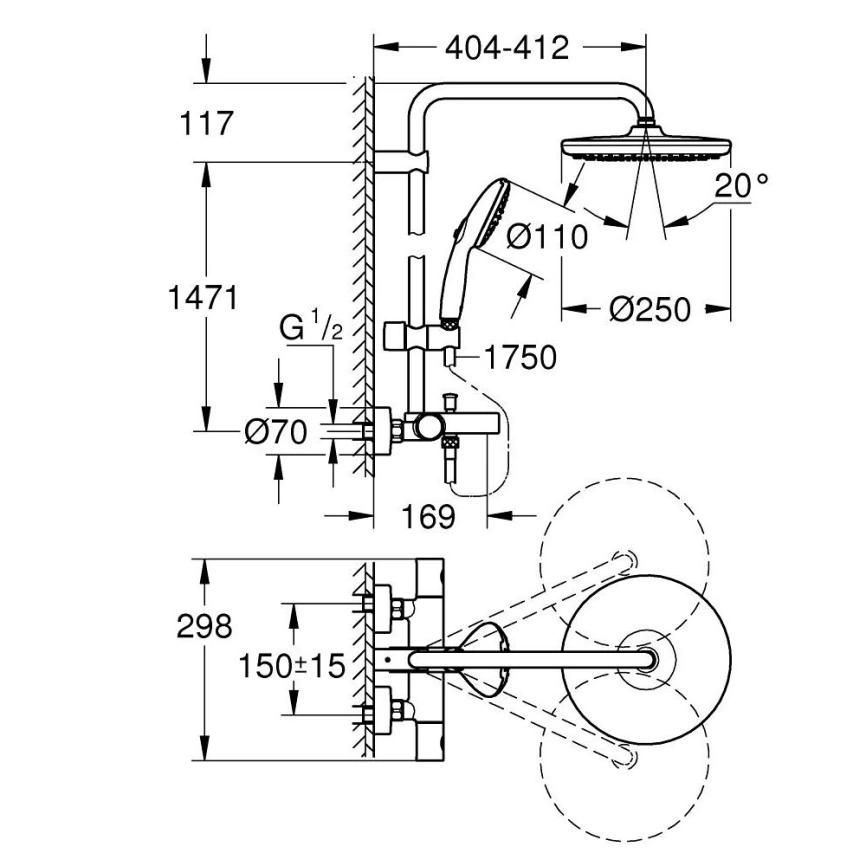 Душевая стойка Grohe Tempesta Cosmopolitan System 250 26672001 с термостатом хром - схема