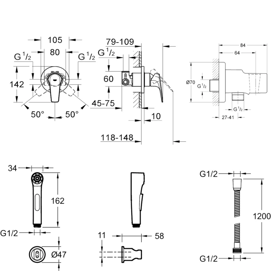 Комплект смесителя для гигиенического душа Grohe BauFlow с лейкой Jacob Delafon Elate E97258-CP - схема