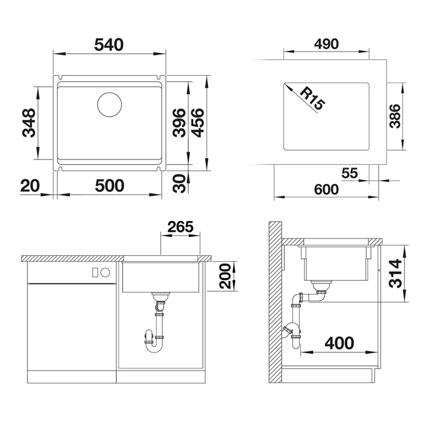 Мойка кухонная керамическая Blanco Etagon 500-U 525150 магнолия - схема