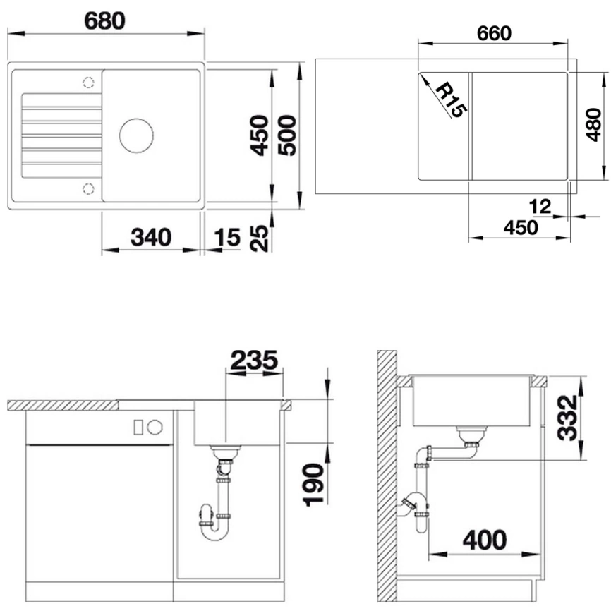Мойка кухонная Blanco Zia 45 S Compact 524725 белый - схема