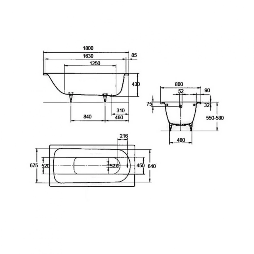 Ванна стальная Kaldewei Advantage Saniform Plus 375-1, 180x80 с ножками - схема