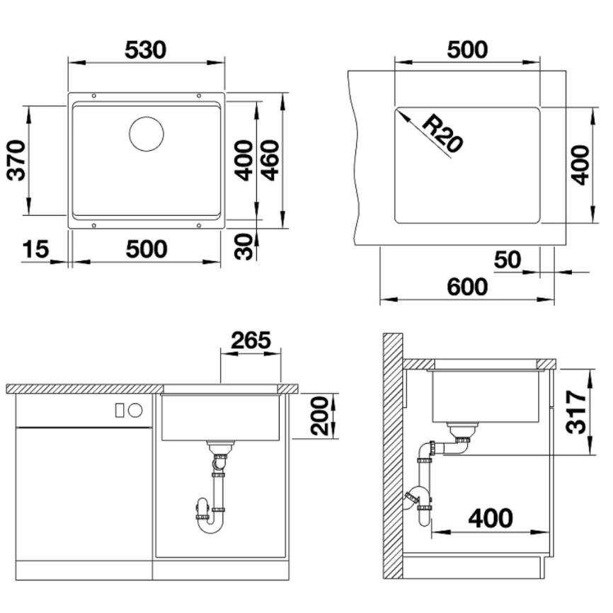 Мойка кухонная Blanco Etagon 500-U, 522227, антрацит -  схема 1