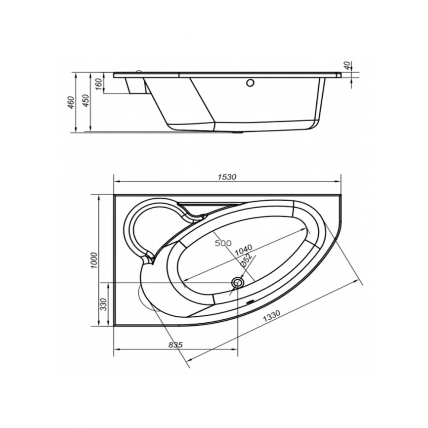 Ванна акриловая асимметричная Cersanit Kaliope 153x100 с каркасом и панелью, левая - схема