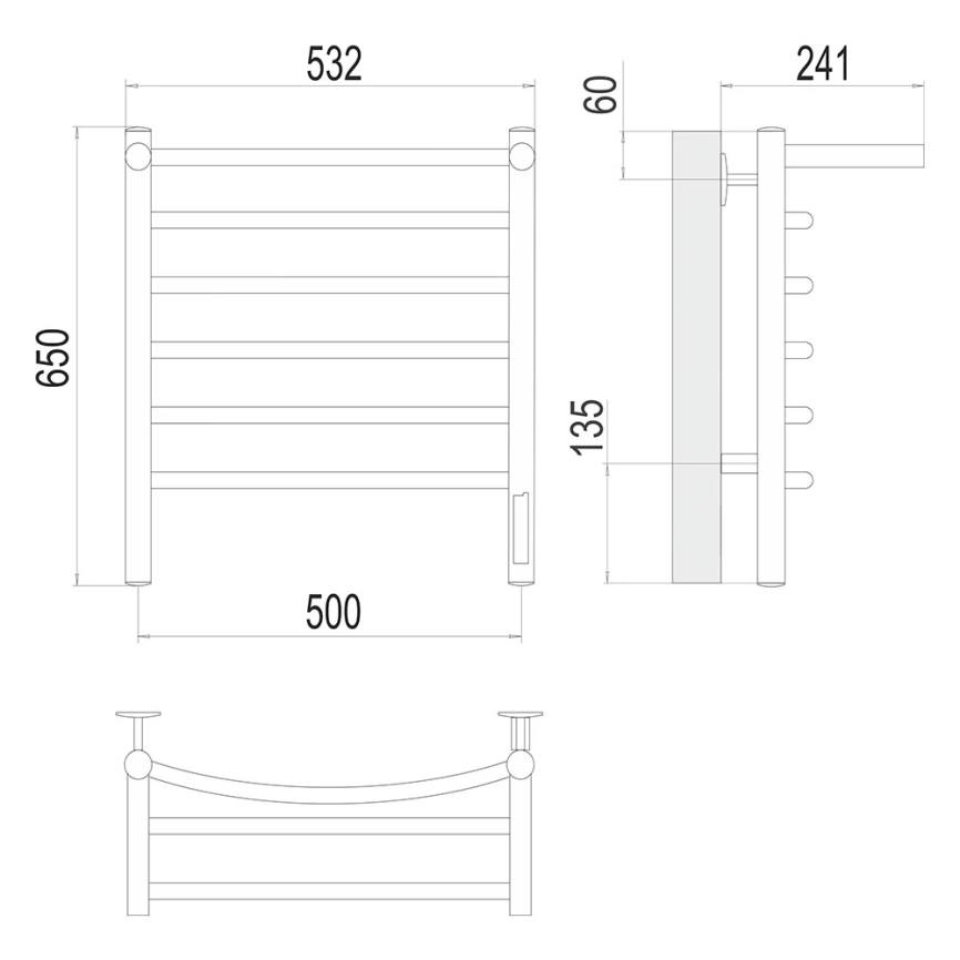 Полотенцесушитель электрический Terminus Классик П6 500x650 с полкой, хром - схема