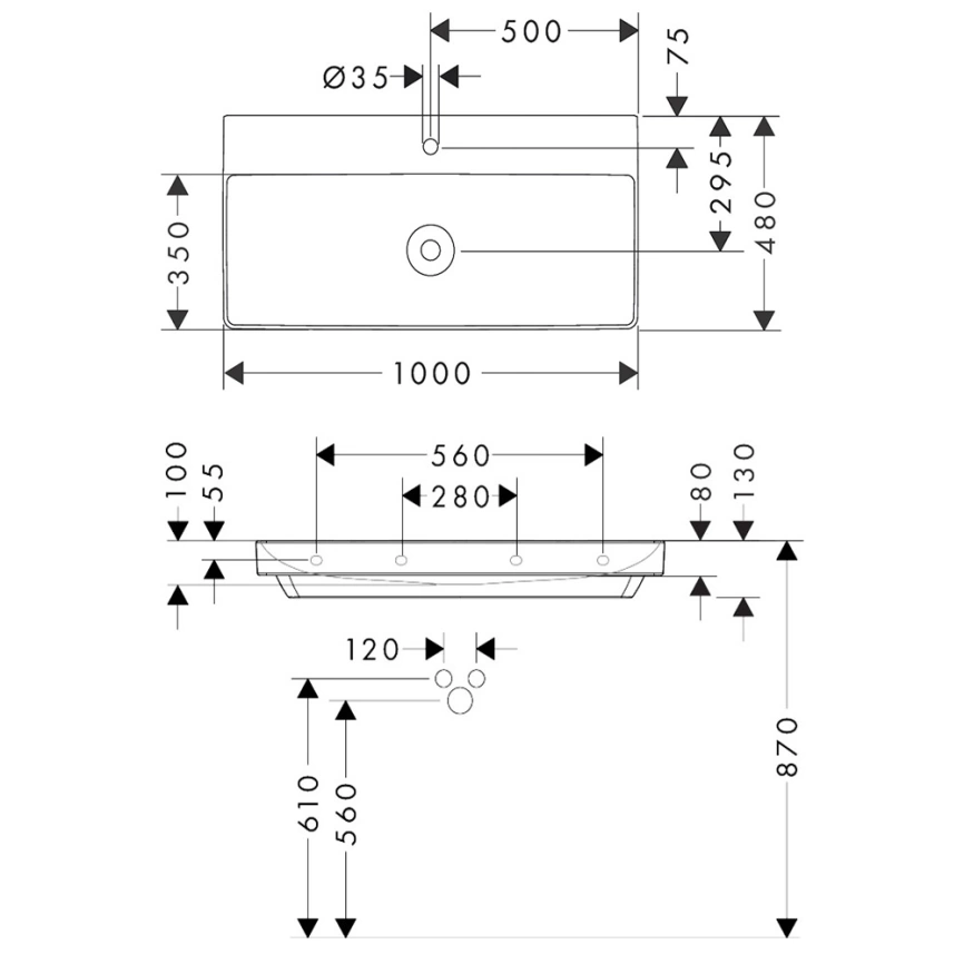 Раковина Hansgrohe Xelu Q 60321450 накладная, белая - схема