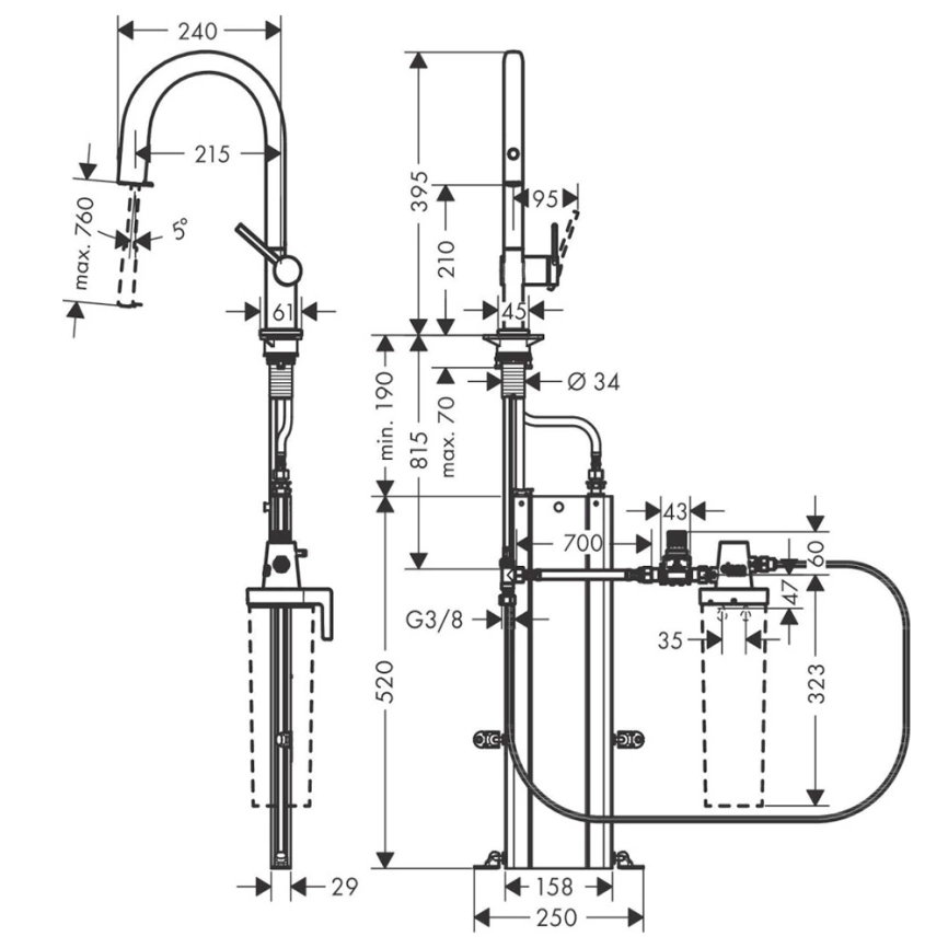 Смеситель для кухни Hansgrohe Aqittura M91 76826800 с вытяжным душем сталь - схема