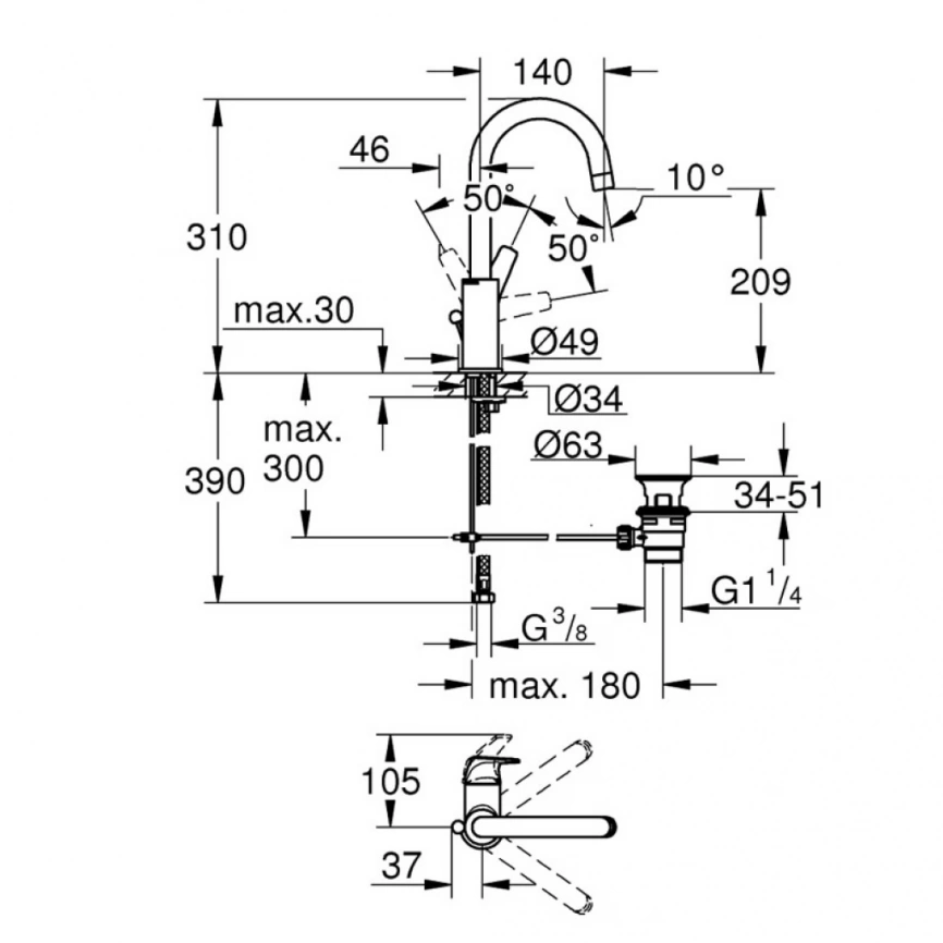 Смеситель для раковины Grohe BauFlow 23753000, хром - схема