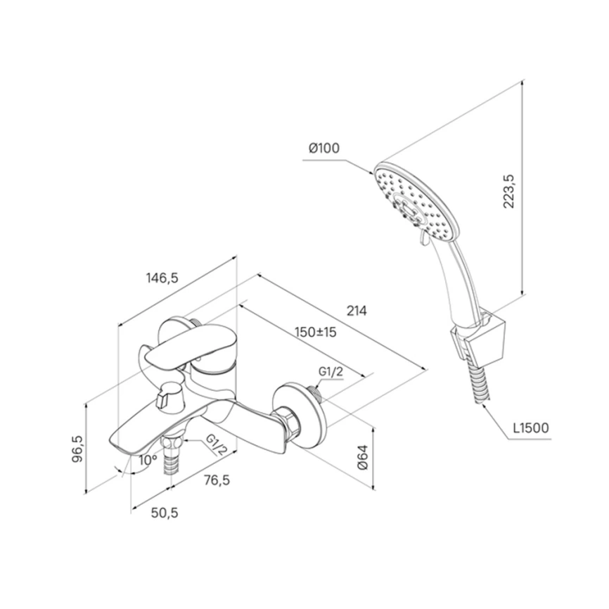 Смеситель для ванны Milardo Rora RORBL00M02 черный с коротким изливом - схема