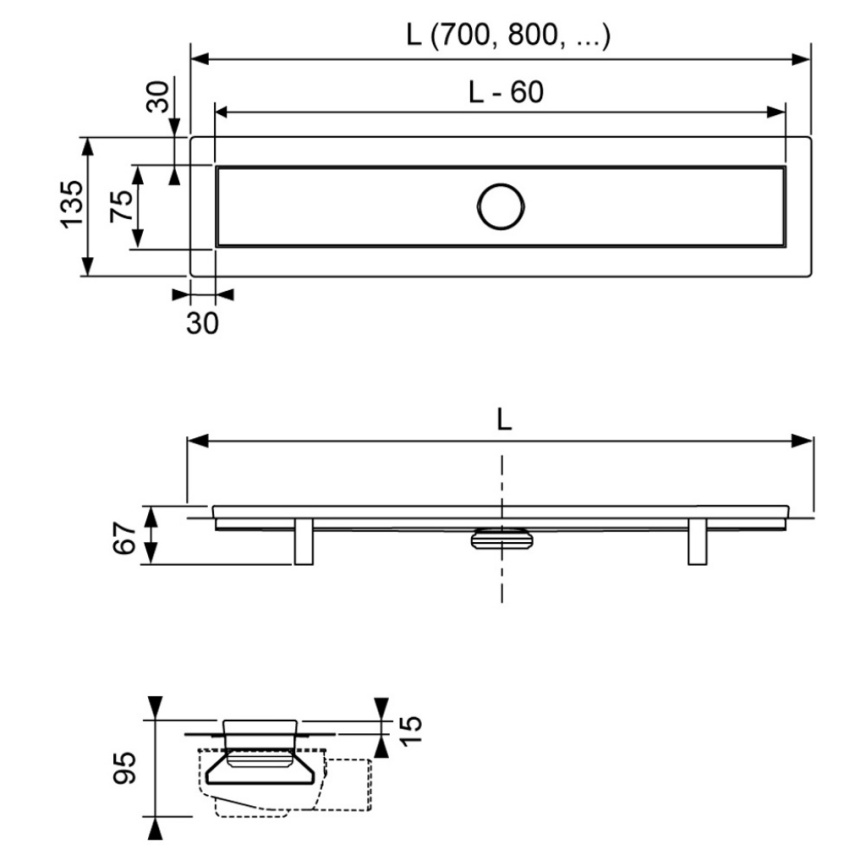Душевой лоток линейный 900 мм TECElinus 15103099 с основой для плитки tile и steel 2 в 1 - схема