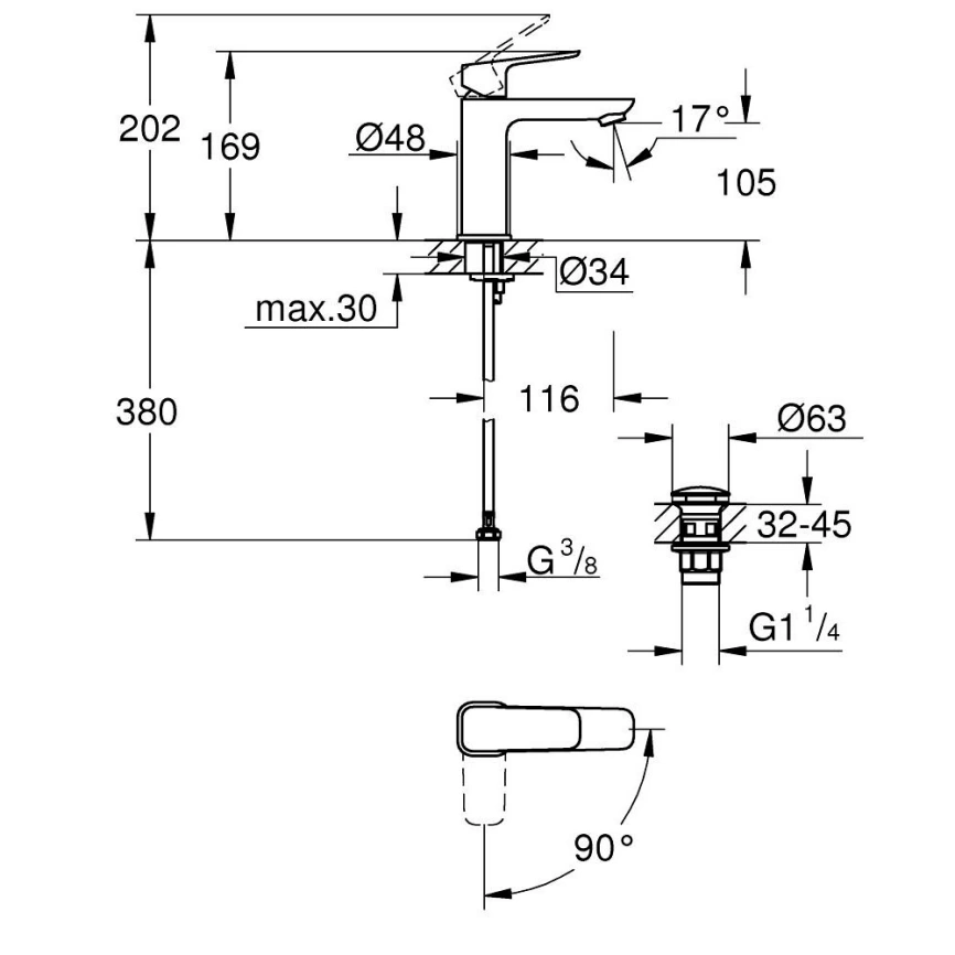 Смеситель для раковины Grohe Cubeo 1017570000, хром - схема