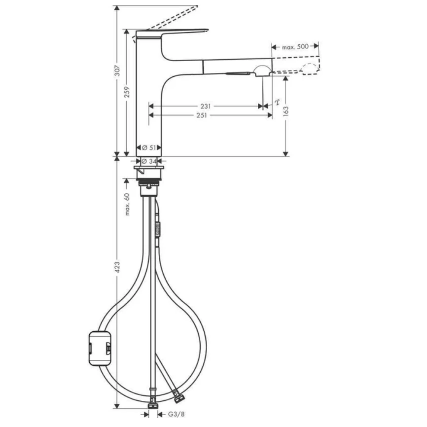 Смеситель для кухни Hansgrohe Zesis M33 74801670 с вытяжным душем - схема