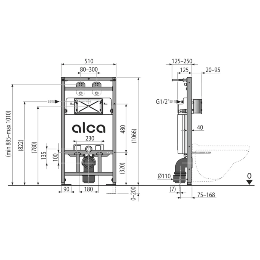 Инсталляция для унитаза AlcaPlast A108F/1100 с возможностью подключения смесителя - схема