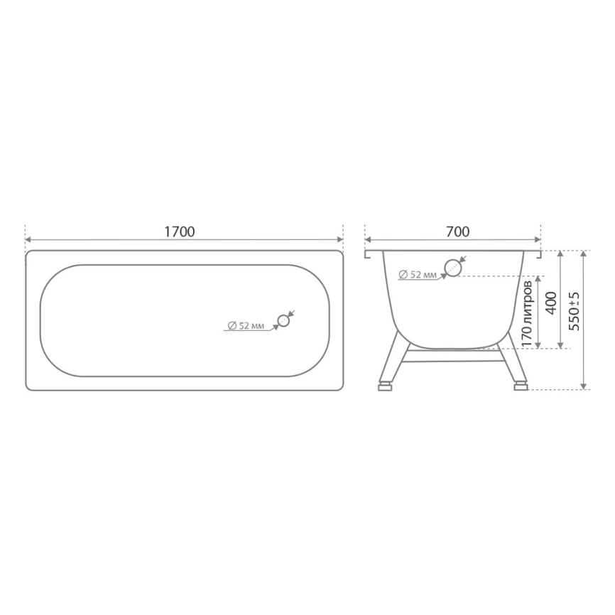 Ванна стальная Marion 170x70 с ножками белая - схема
