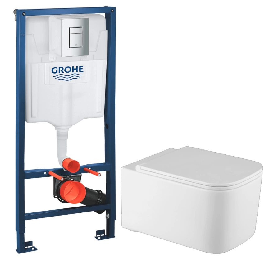 Комплект инсталляции Grohe Rapid SL 38772001 c кнопкой хром и подвесным унитазом Gromix GM-0215 с сиденьем