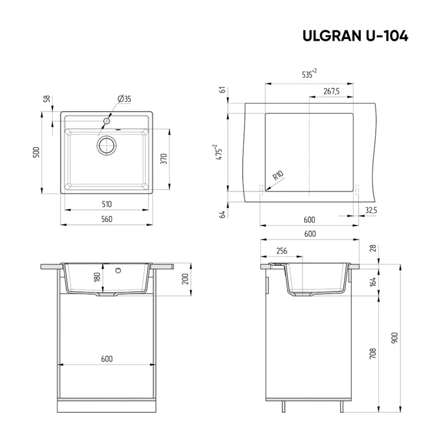 Мойка кухонная из искусственного камня Ulgran Classic U-104-344 ультра-черная - схема