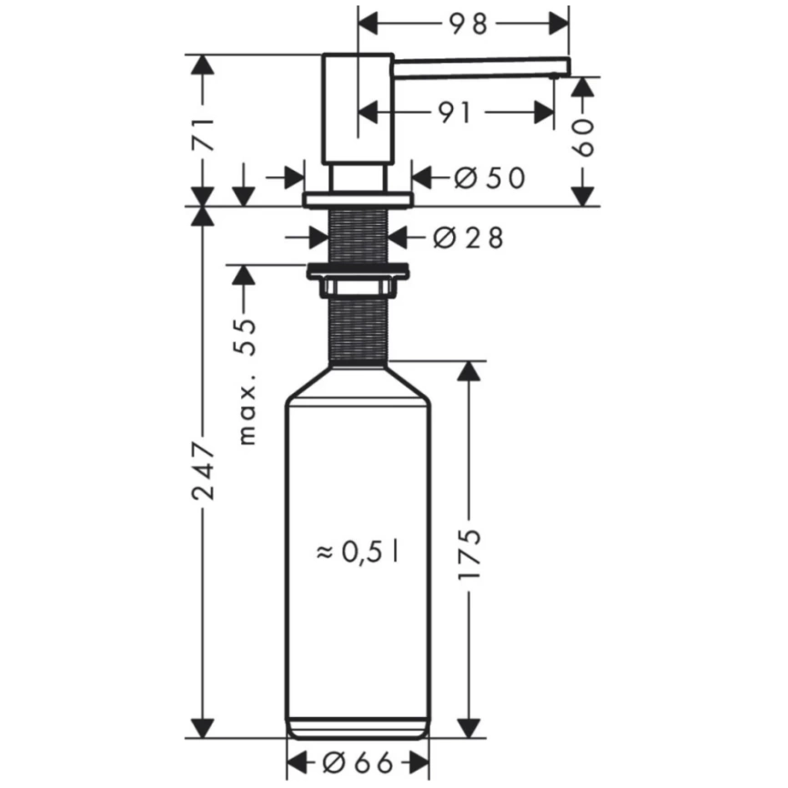 Дозатор жидкого мыла Hansgrohe 40438800 встраиваемый в столешницу - схема