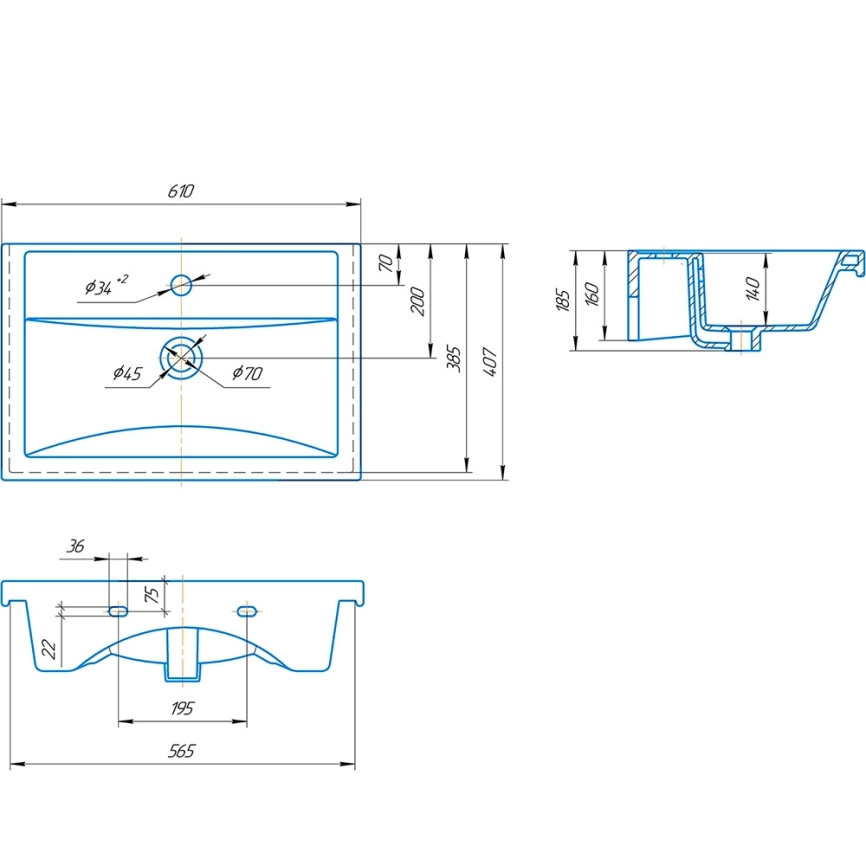 Тумба с раковиной напольная Cetus Теона 60 Z2 белая - схема раковины