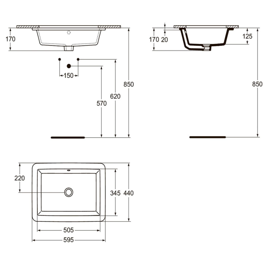 Раковина Ideal Standard Strada K077901 встраиваемая под столешницу - схема