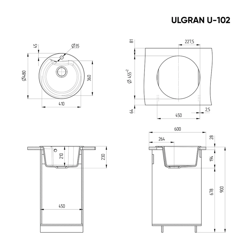 Мойка кухонная из искусственного камня Ulgran U-102-344 ультра-черная - схема