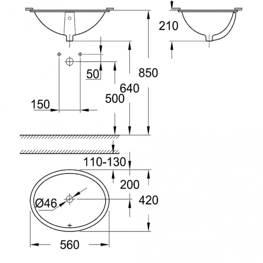 Встраиваемая раковина Grohe Bau Ceramic Universal 55 см 39423000 схема