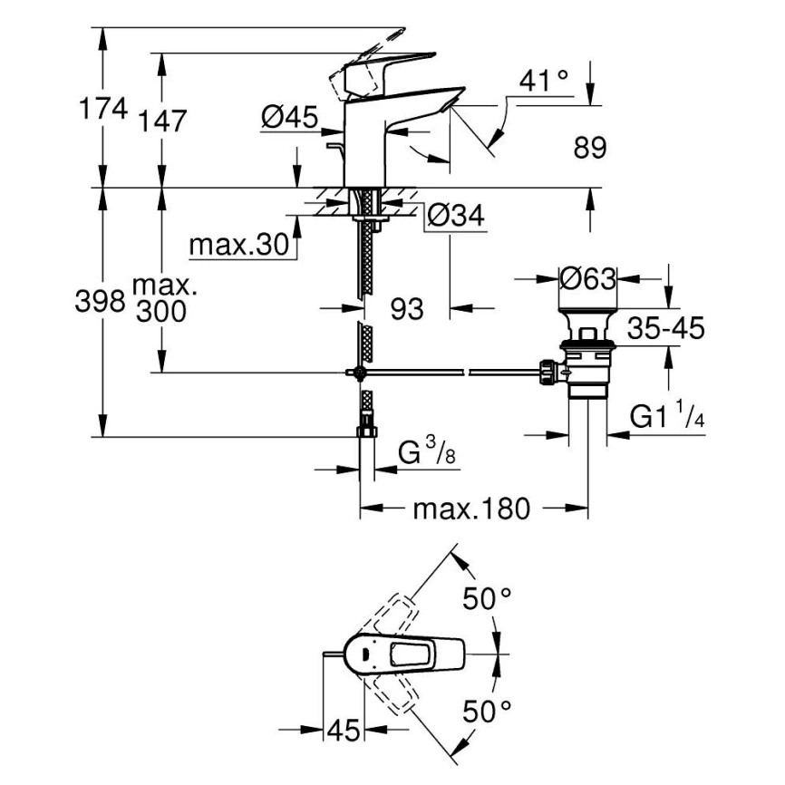 Смеситель для раковины Grohe BauEdge 23335001 хром - схема