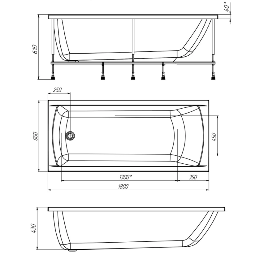 Ванна акриловая Marka One Modern 180x80 с каркасом - схема