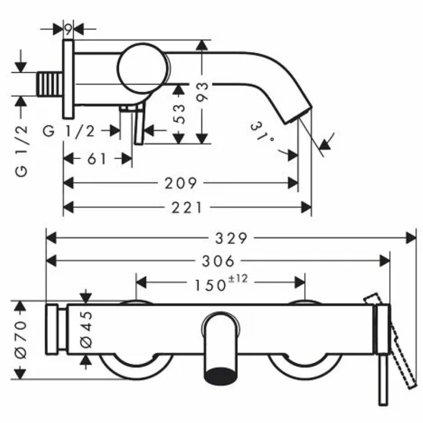 Смеситель для ванны Hansgrohe Tecturis S 73422000, хром - схема
