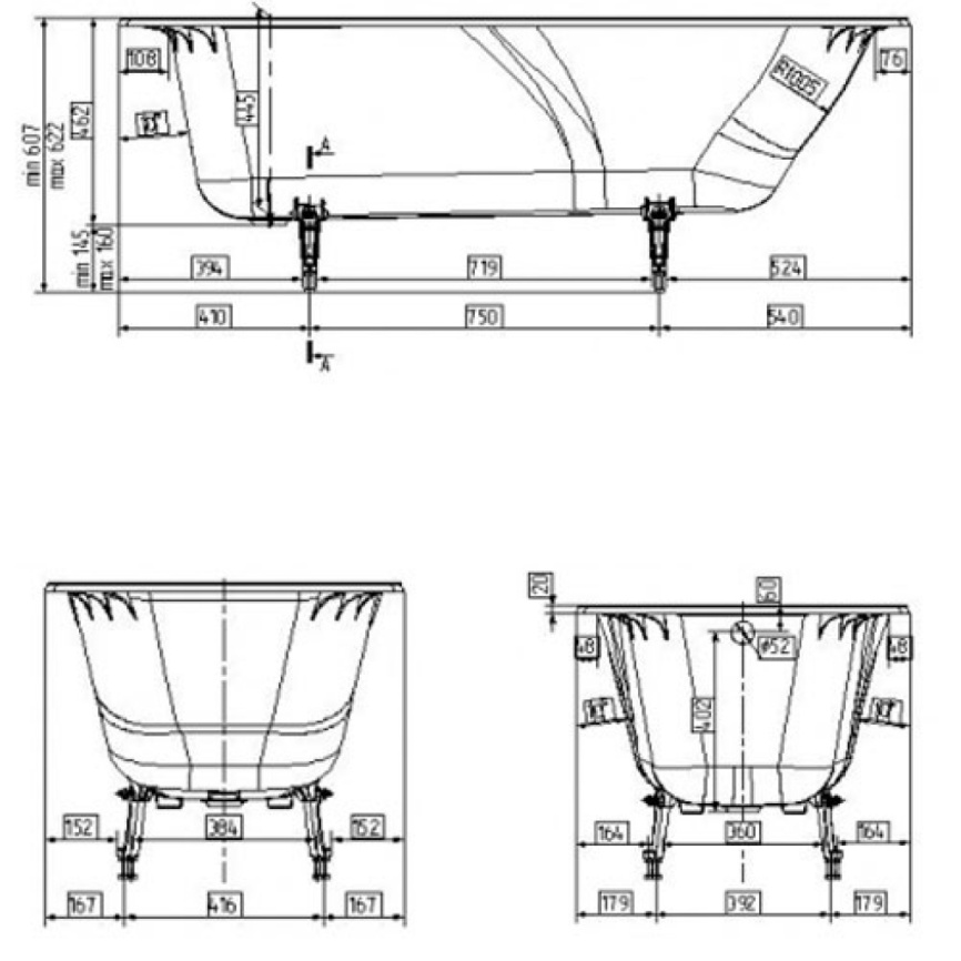Ванна чугунная 170x75 Универсал Эврика с ножками и ручками - схема