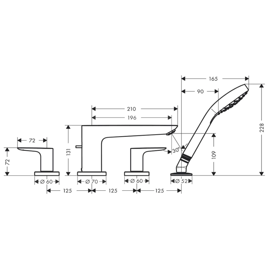 Смеситель для ванны на борт Hansgrohe Talis E 71748340 на 4 отверстия графит - схема